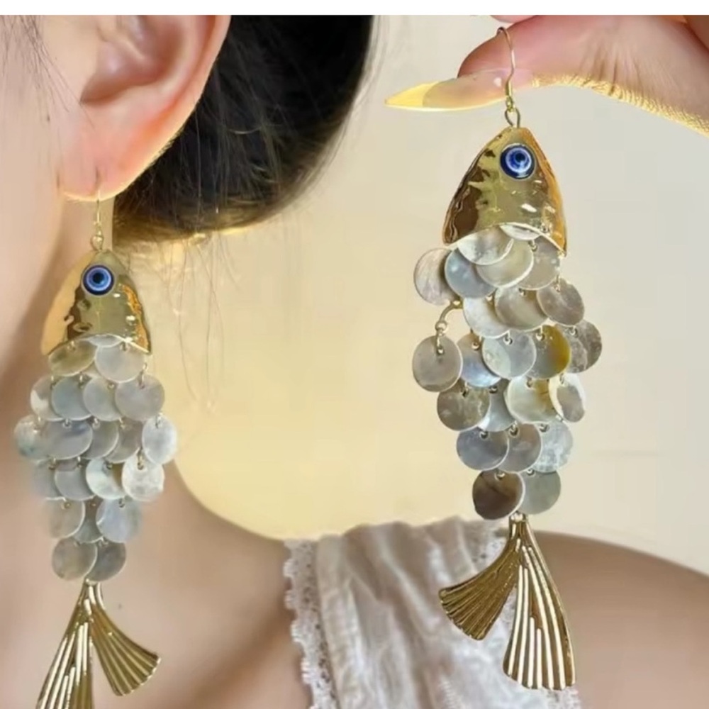 Anthropologie Gold Mother of Pearl Fish Earrings